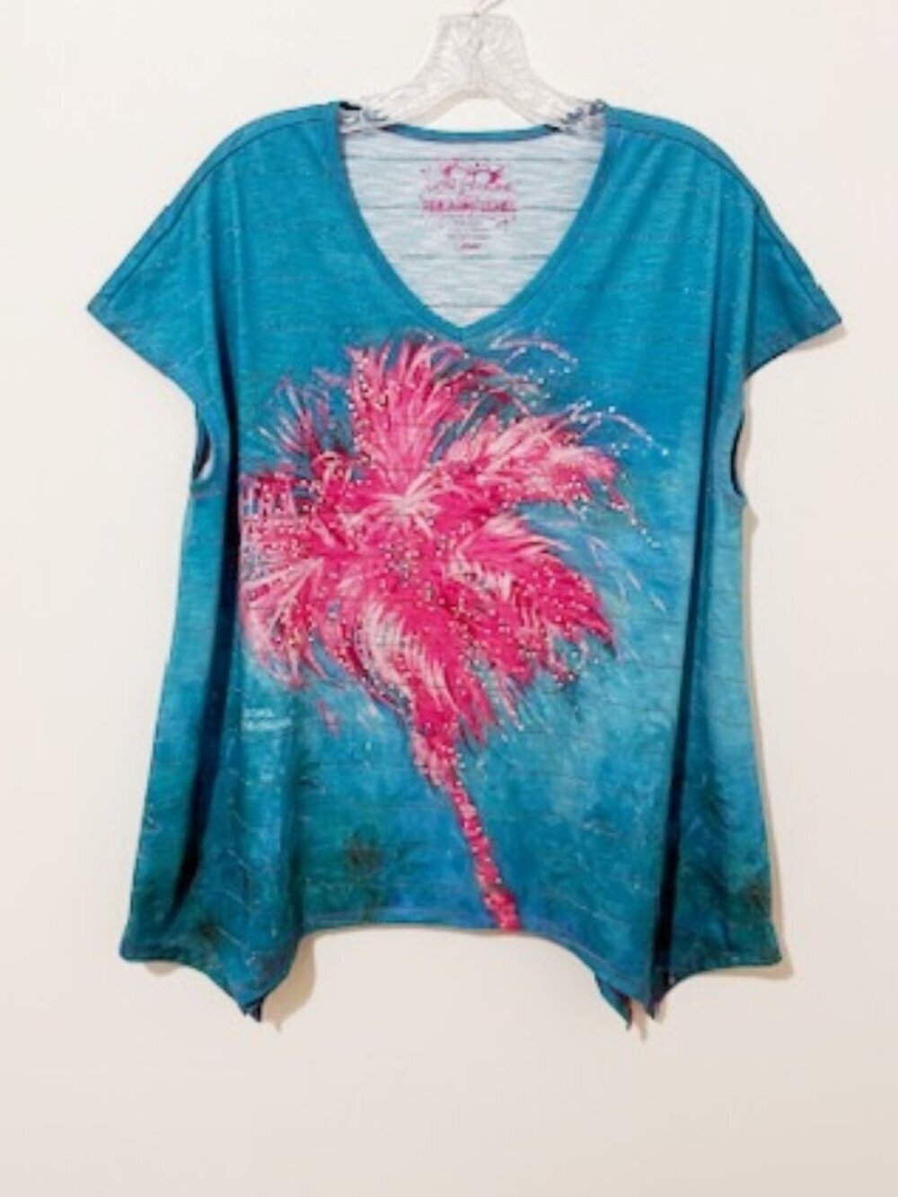Leoma Lovegrove Top Blouse Tropical Wearable Art Pink Paint Series Palm Tree Lrg